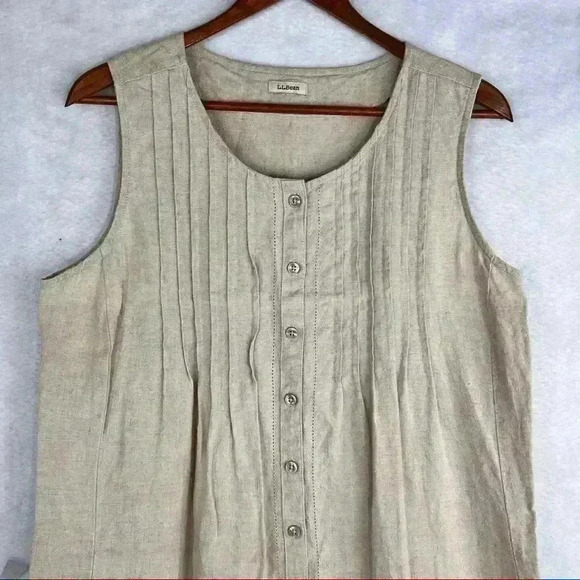 LL.Bean 100% Linen Oatmeal Color Sleeveless Button up Dress Measurement Included - Picture 2 of 10